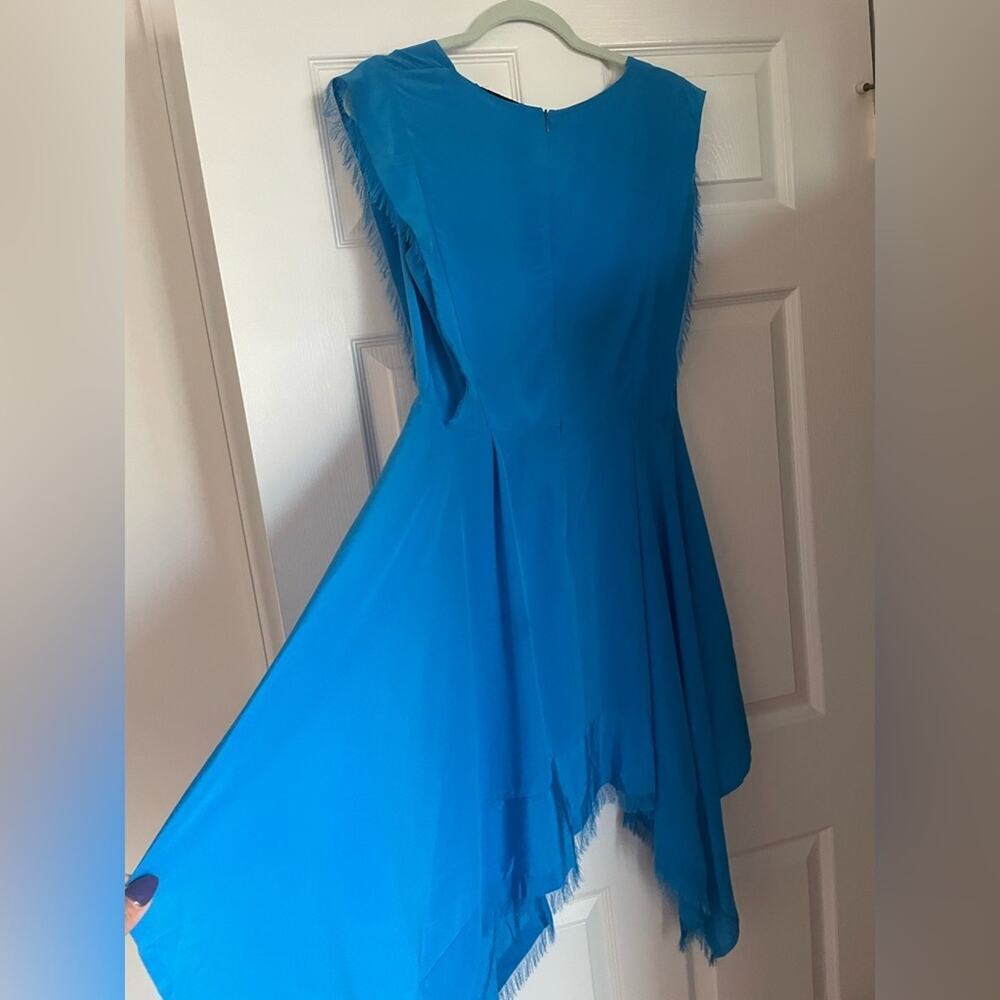 ✨Sandro Rodia✨ 100% Silk Blue Turquoise Frayed Handkerchief Hem Dress - Picture 6 of 9